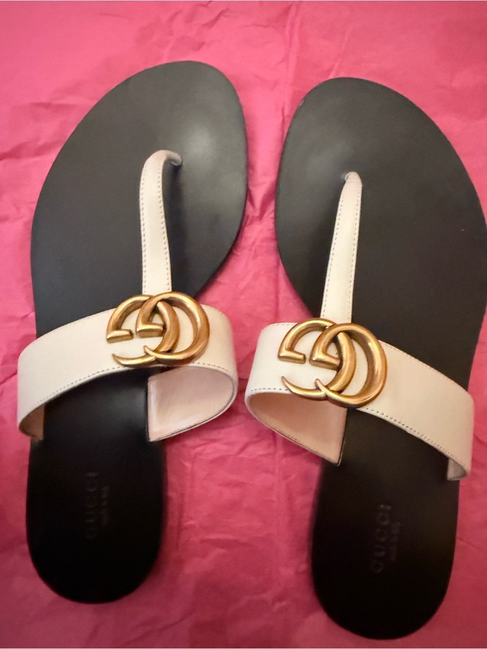 Gucci White Leather GG Gold-Logo Thong Sandals